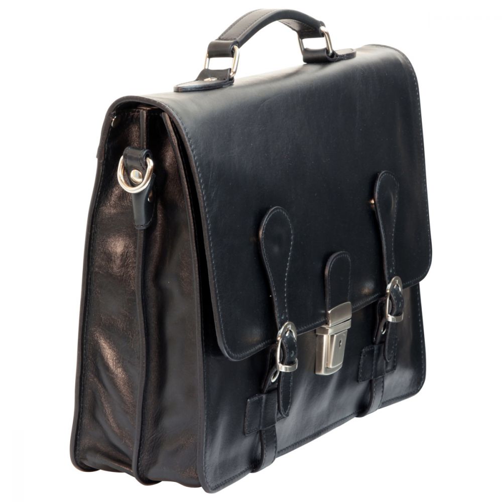 LEATHER BRIEFCASE WITH BUCKLE CLOSURES - BLACK