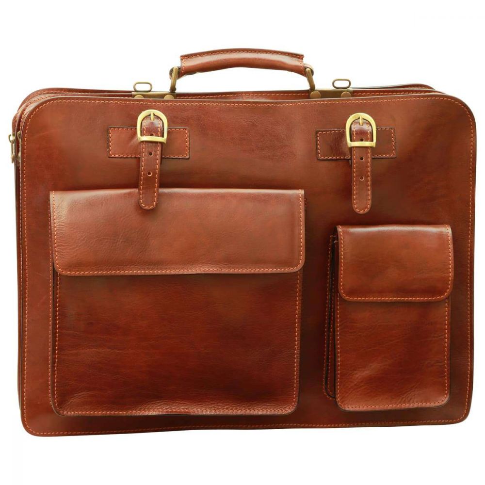 LEATHER BRIEFCASE WITH FRONT POCKETS (MAGNETIC LOCK) - BROWN