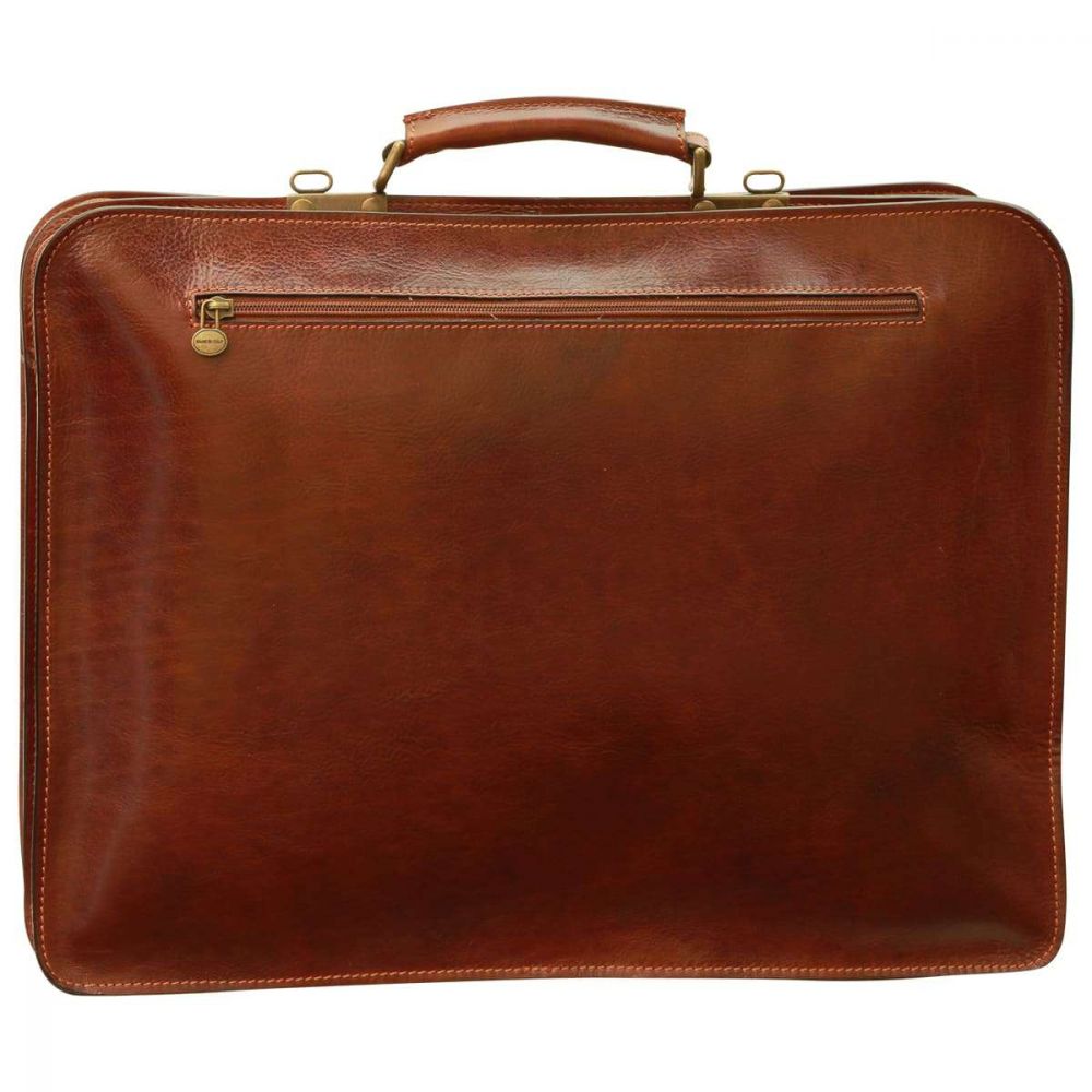 LEATHER BRIEFCASE WITH FRONT POCKETS (MAGNETIC LOCK) - BROWN