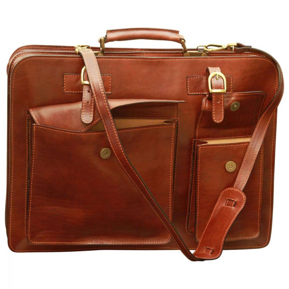 LEATHER BRIEFCASE WITH FRONT POCKETS (MAGNETIC LOCK) - BROWN