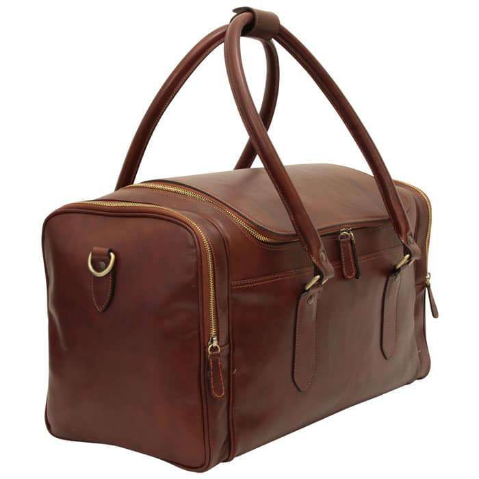 ROUND METAL ZIP LEATHER TRAVEL BAG - BROWN