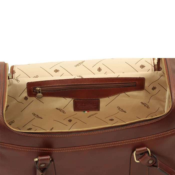 ROUND METAL ZIP LEATHER TRAVEL BAG - BROWN