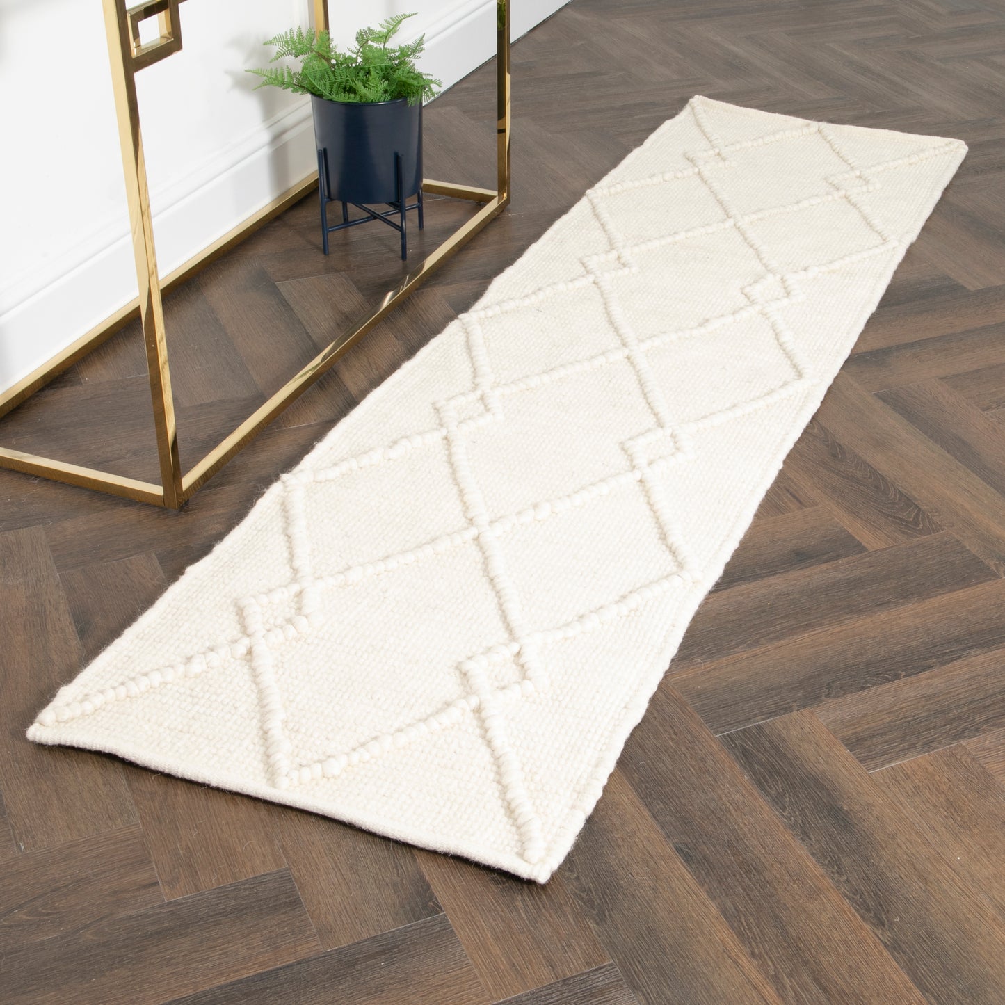 Cream & Black Diamond Pattern Runner Wool Rug (60 x 230cm)